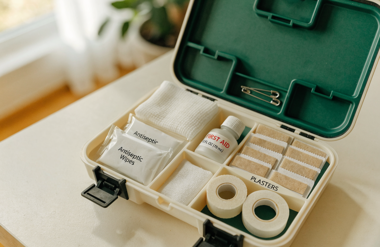 A compact first aid kit with contents laid out on a table