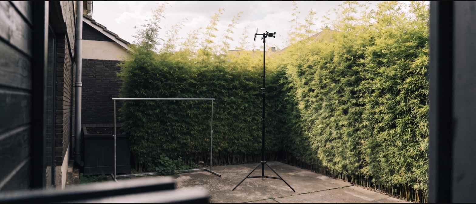 A tall bamboo screen behind a clothing rail and light stand in a small backyard
