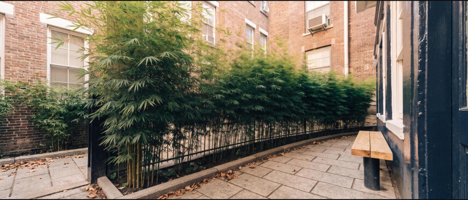 A row of tall bamboo screening a neighbouring building along the edge of a city courtyard