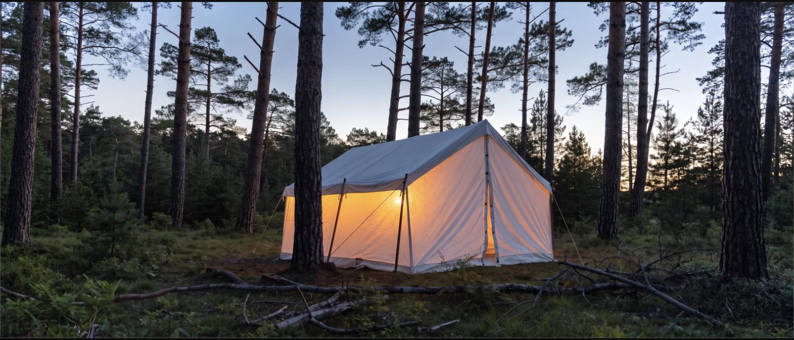 White canvas wall tent glowing with warm light in a pine forest at dusk